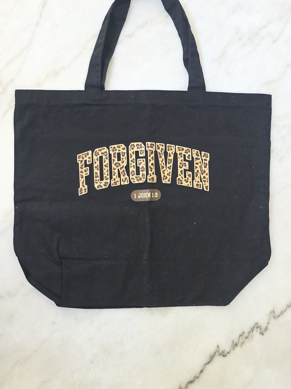 Black 'Forgiven' Leopard Print Tote Bag